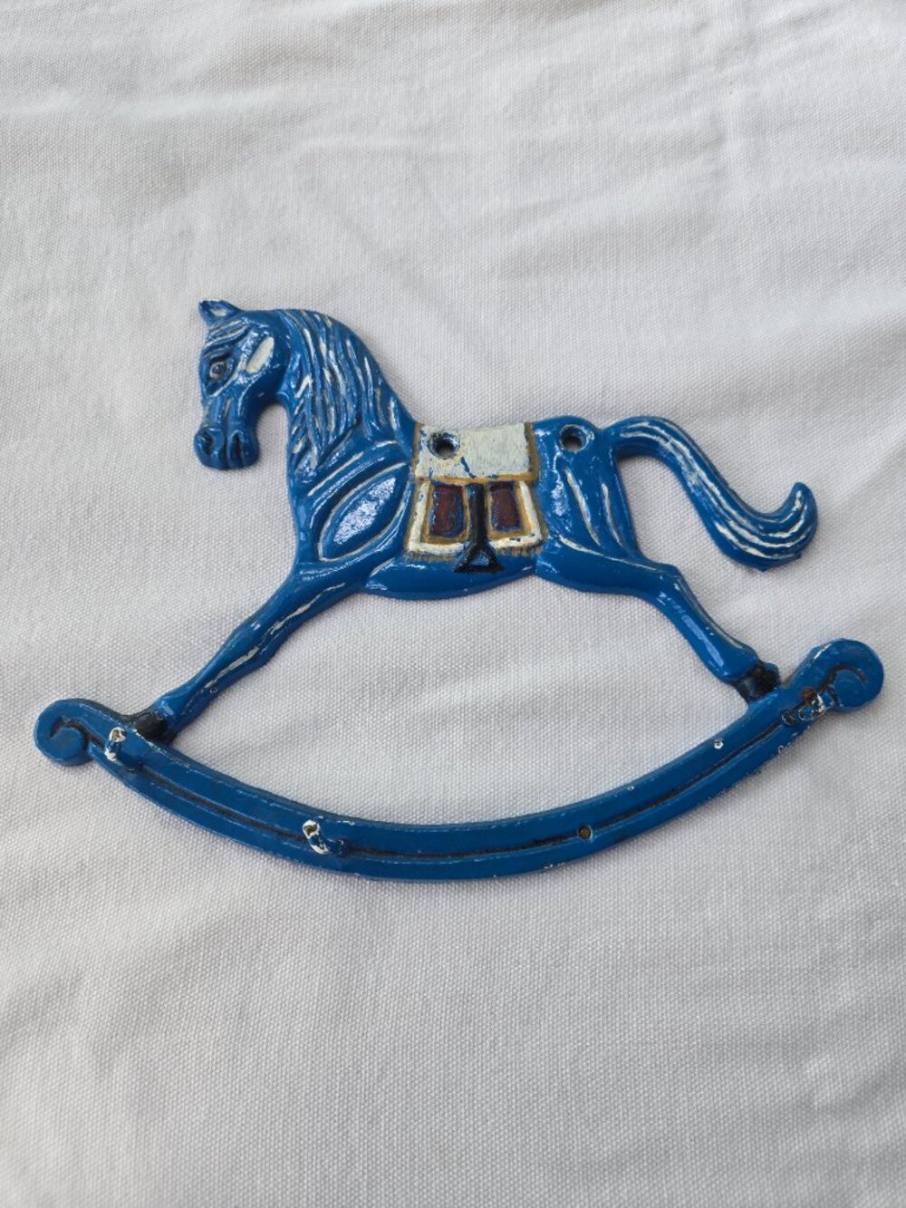 Painted Blue Vintage Cast Iron Rocking Horse Key Holder Wall Decor